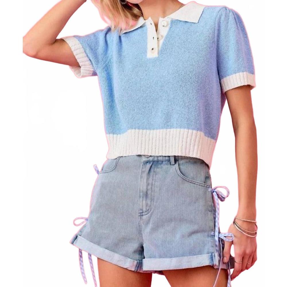 Light Blue Polo Crop Sweater Tee with White Trim